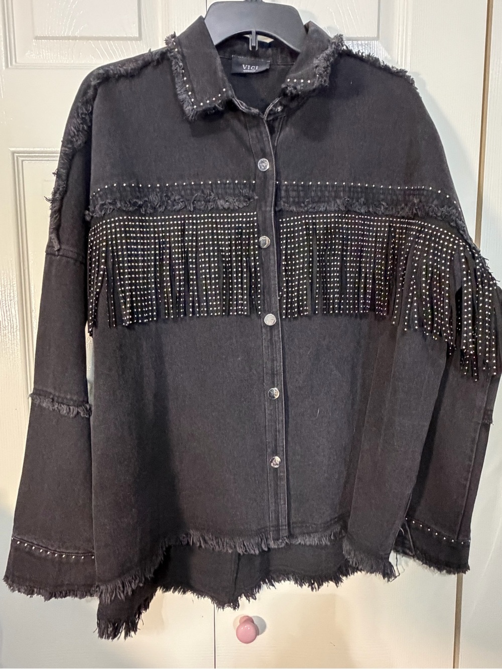 Vici Black Fringed Studded Button-Up Jacket